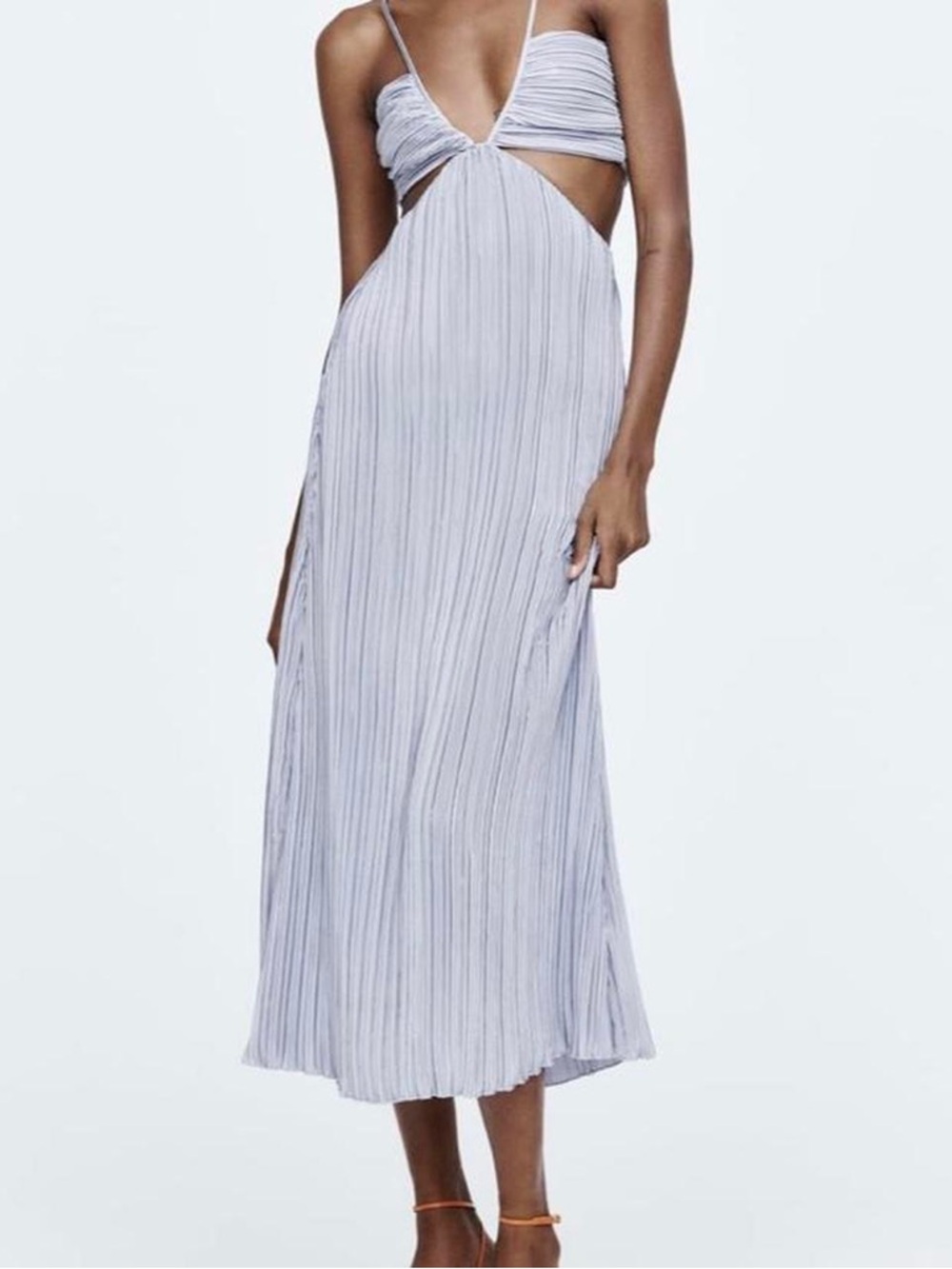 Light Blue/Grey Pleated Cutout Midi Dress